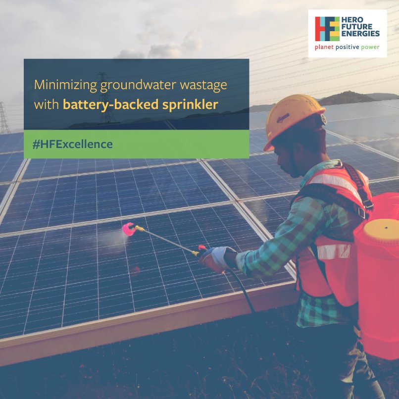 HeroFuture_HFE's tweet photo. By adopting techniques such as cleaning #solar modules with battery-backed sprinklers, #HFE ensures minimal and effective use of groundwater, thus tackling #climatechange without causing any water scarcity. #HFExcellence https://t.co/uJXHw0qcpe