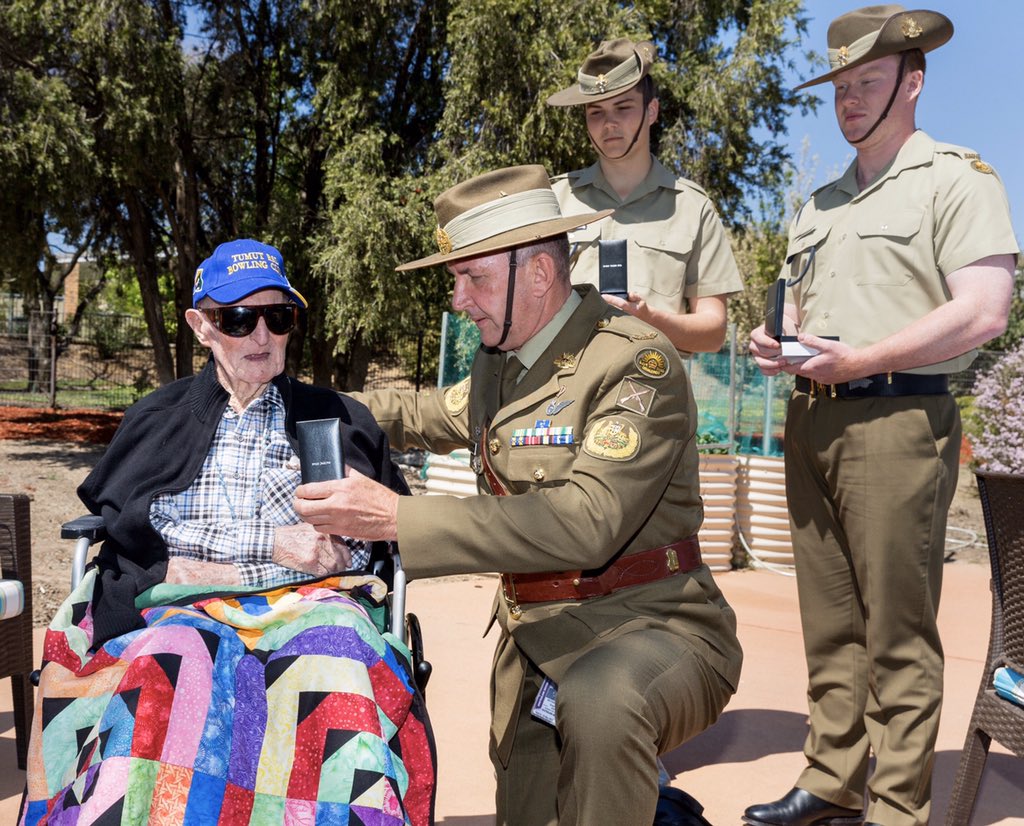 RSMAusArmy's tweet photo. On behalf of the @ChiefAusArmy I had the privilege of presenting WW2 veteran Peter Carberry his medals for his service to our nation, in Tumut today. Peter served with the @AustralianArmy 3rd AUST DIV Carrier COY in PNG. #OurPeople #GoodSoldering https://t.co/ojsoLiB5Tr