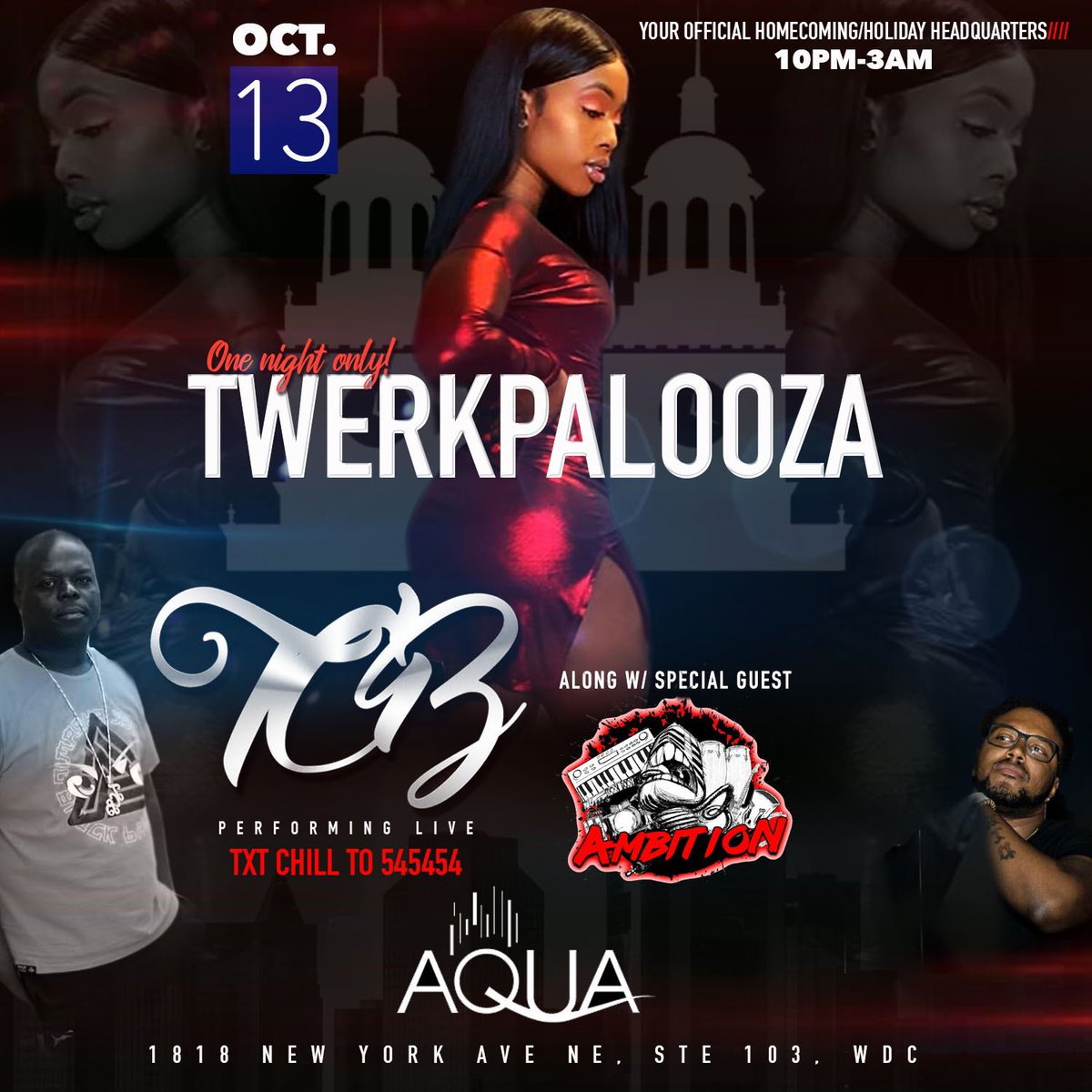 Wassup_Chuck's tweet photo. 10/13 AQUA. @bouncebeatkingz @ambitionbanddmv HOWARD HOMECOMING/ COLUMBUS DAY WEEKEND NO SCHOOL OR WORK MONDAY TEXT “CHILL” TO 545454 GET YOUR TABLES IN ADVANCED (202)-734-1464 10PM-3AM PARTY https://t.co/10k2owX0Dp