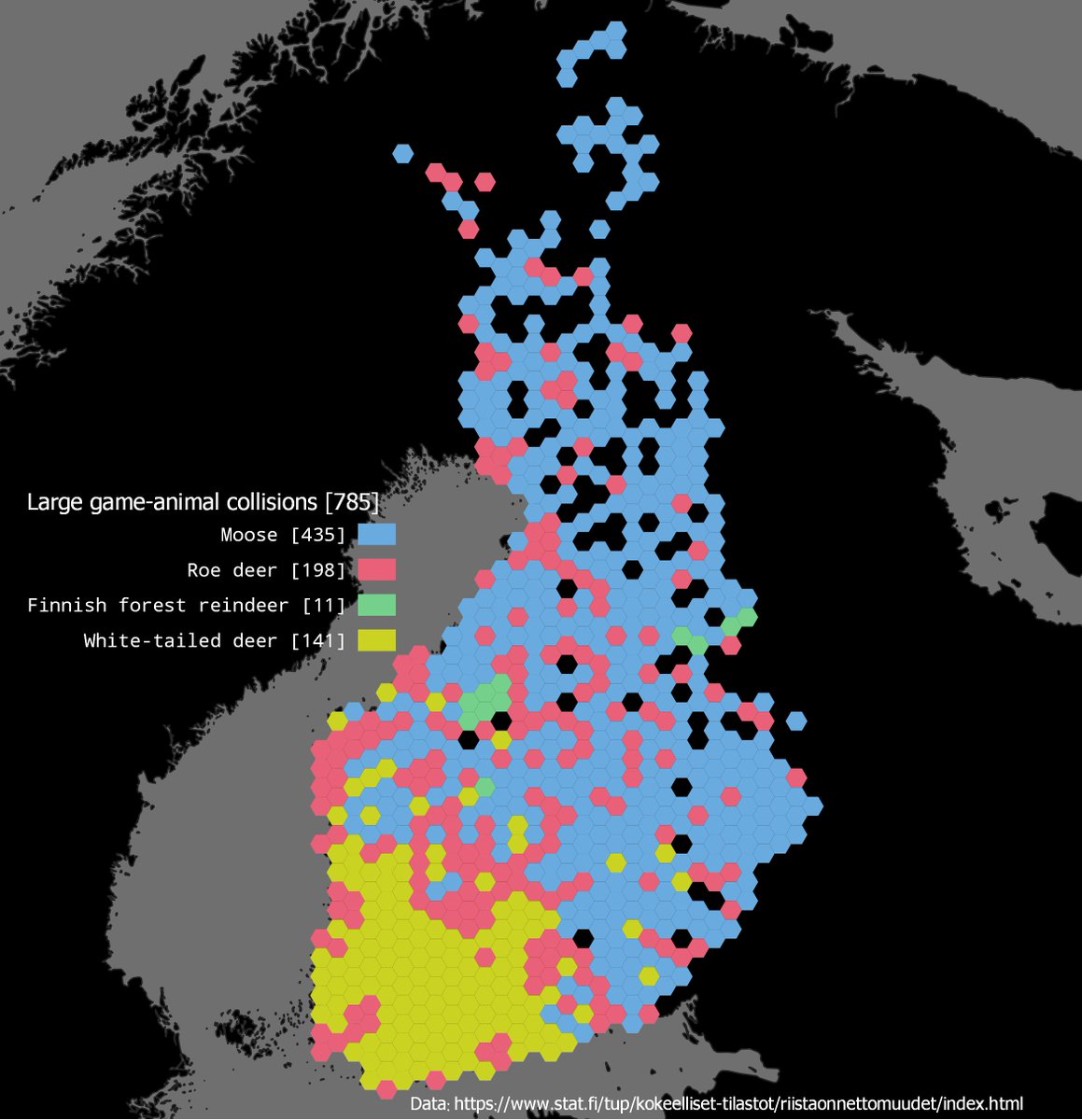 Came across this piece of data by accident (sic) and just had to make a map out of it: if you have a vehicle accident in Finland, what animal are you most likely to hit in different parts of the country.