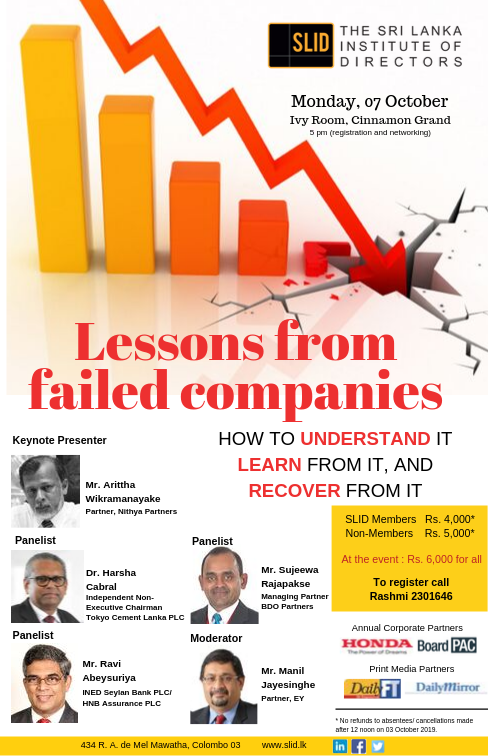 SLIDiod's tweet photo. #SLIDEvents Recent reports of a collapse of another major global company highlights how ineffective corporate governance systems can be. SLID discusses lessons learnt from Sri Lankan case studies on 7 October 2019. #lka More information at https://t.co/uZpHdJ8nrg https://t.co/E5KBdlDGGe