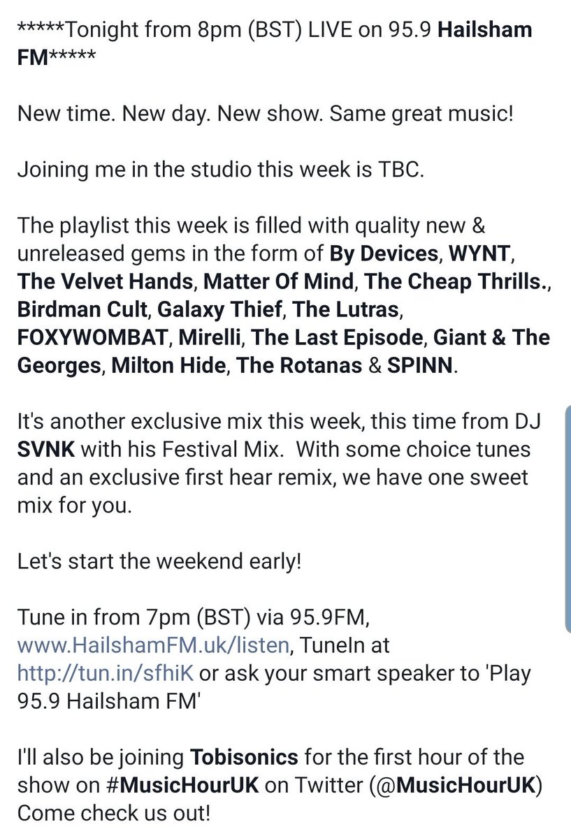 PremiumBlendRad's tweet image. Tonight's show details.

Live guest TBC. 

Loads of fantastic tracks and a banging DJ mix. 

#Unsigned #EmergingArtists #LiveMusic #NewMusic #FMRadioShow #IndieRock #AltRock #Hailsham #EastSussex #LiveRadio