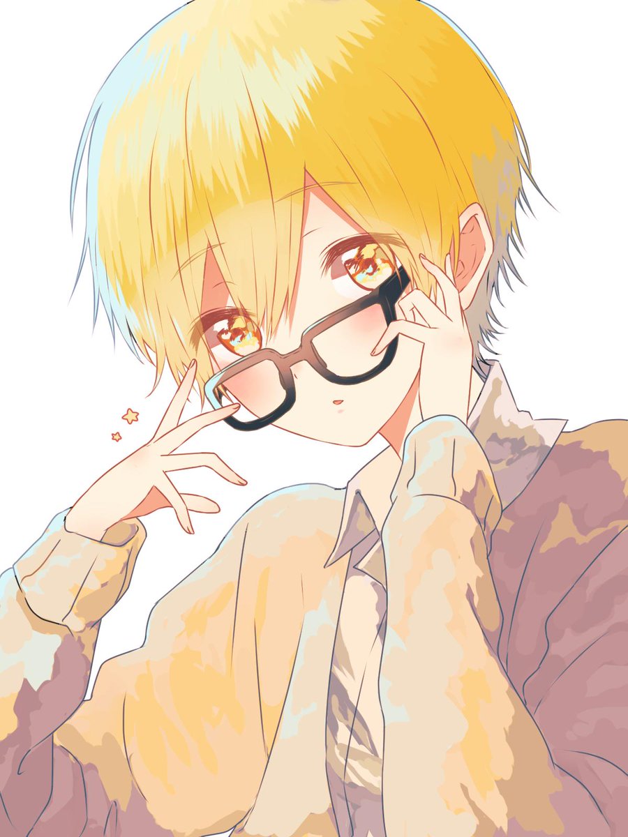 blonde hair male focus 1boy glasses yellow eyes solo white background  illustration images