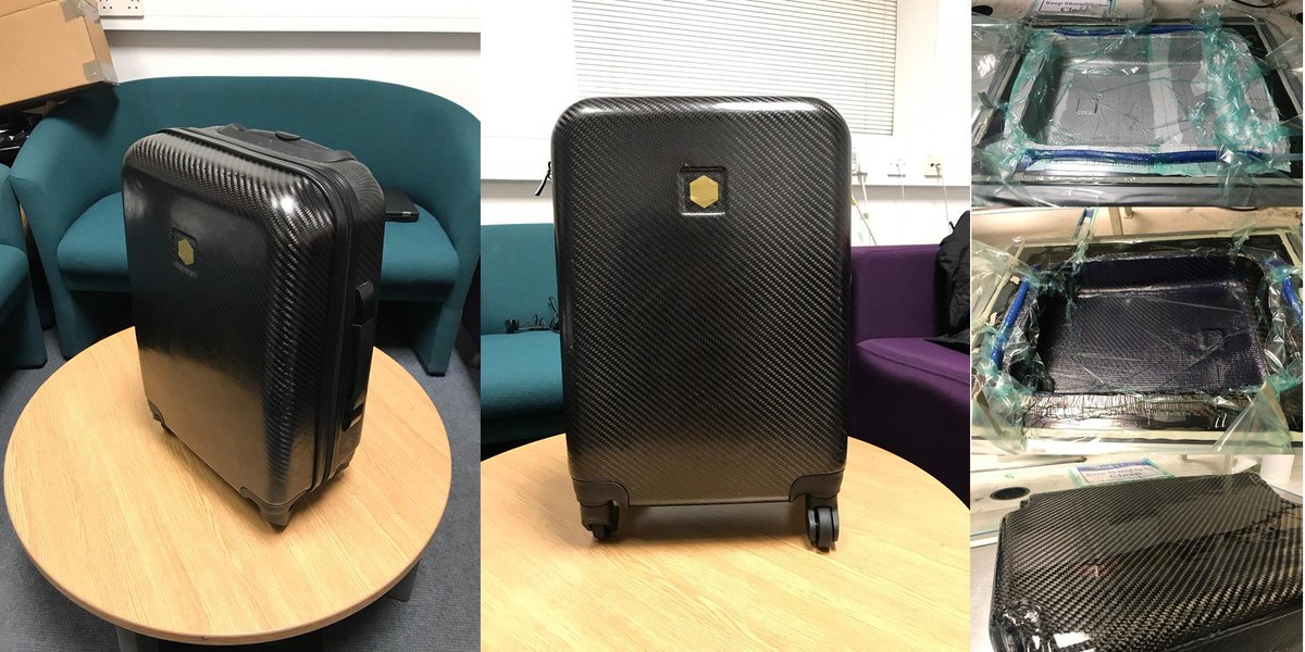 World’s first Graphene Carbon Fibre Composite Suitcase, stronger, lighter and impact resistant. I am really excited to be able to finish this graphene product at Manchester University Lab. @UoMGraphene @OfficialUom @UKmfg @GrapheneVCF @composites @graphene @SUITCASEmag @travel