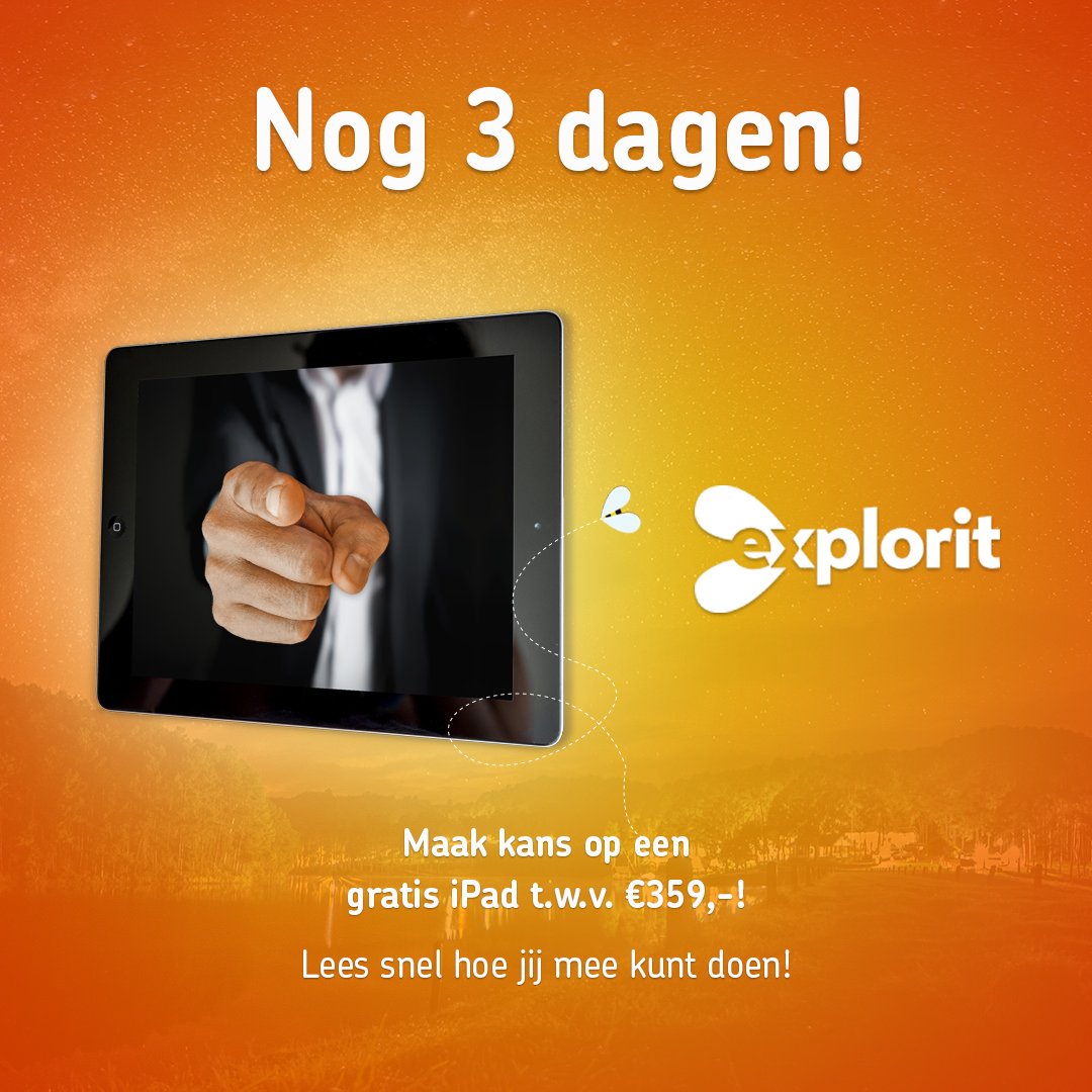 explorits's tweet image. Er zijn nog 3 stemdagen!

Maak daarom nog steeds kans op die gratis iPad:

Al gestemd?
Stuur je bevestigingsmail naar ikstem@explorit.nl.

Nog niet gestemd?
Stem via explorit.nl/award.
Stuur je bevestigingsmail naar ikstem@explorit.nl.

#win #stem #explorit #gratis #award
