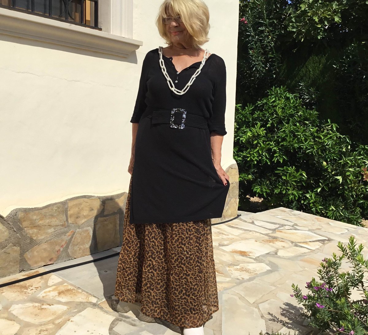 Recycle! Tip 3. What goes around comes around. Dig deep into  your wardrobe to reinvent yourself. This  old leopard skirt makes a new outfit with short dress, never worn, hitched up to make tunic.
See my book *It´s Never Too Late To Look great!* by Maggie Cox
#Sustainability