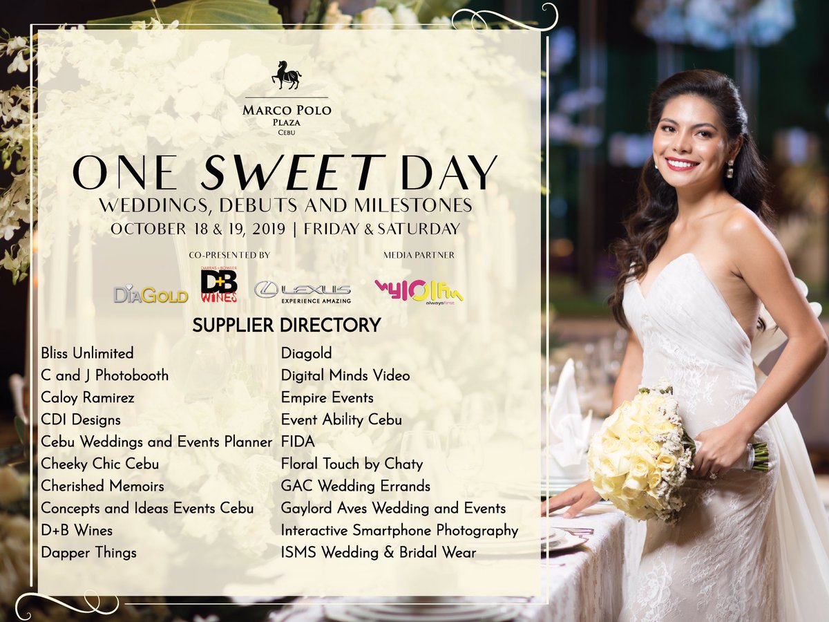 mrsbeorski's tweet photo. RT iSTORYAnet "RT 5StarInCebu: Meet some of our trusted event partners &amp; suppliers and take advantage of personal consultation, special discounts &amp; freebies! 

ONE SWEET DAY: 
Weddings, Debuts &amp; Milestones 
Oct 18 &amp; 19, 2019 | #marcopolocebu

#oneswe… https://t.co/NDC44KHoBK"