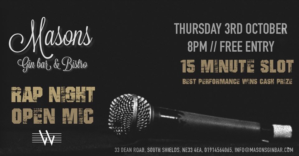 wrightmandm's tweet image. GOT BARS? 
Opening up the mic for South Tyneside’s one &amp;amp; only open mic rap night TONIGHT @ Masons Gin Bar 8 Bistro
8PM // FREE ENTRY // 18+
@jackjohnson710 won last month....Who’s coming to try and take his crown??? 👀👑
#livemusic #rap #hiphop #mc #grime #northeast #southshields
