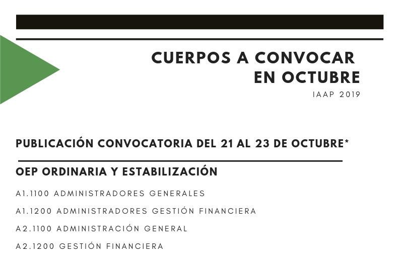 IAAPJunta's tweet photo. 📢 CUERPOS A CONVOCAR EN OCTUBRE

📍 Publicación convocatoria del 21 al 23 de octubre.

➡️ 
https://t.co/dqBpSZgI8V https://t.co/oBD3dCiUA7