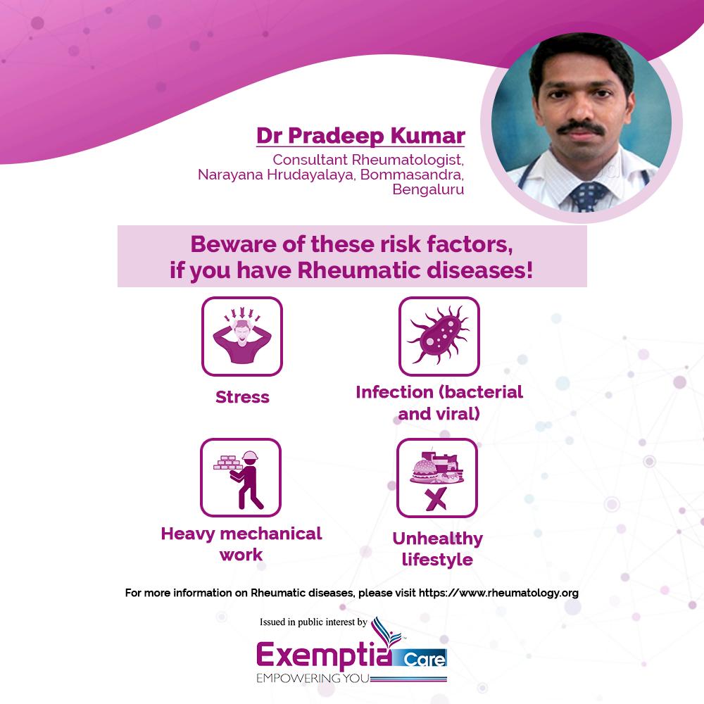 Dr. Pradeep Kumar, Consultant Rheumatologist, Narayana Hrudayalaya, Bommasandra, Bengaluru suggesting to stay away from risk factors, that can cause a flare in Rheumatic diseases!

#AnkylosingSpondylitis #RheumatoidArthritis  #JuvenileIdiopathicArthritis #ExemptiaCare