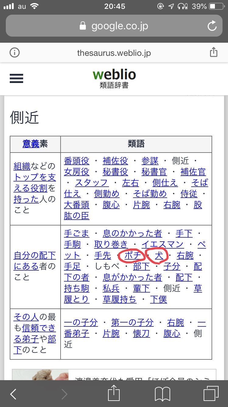 雪丸 側近を類義語辞典で引いてみた