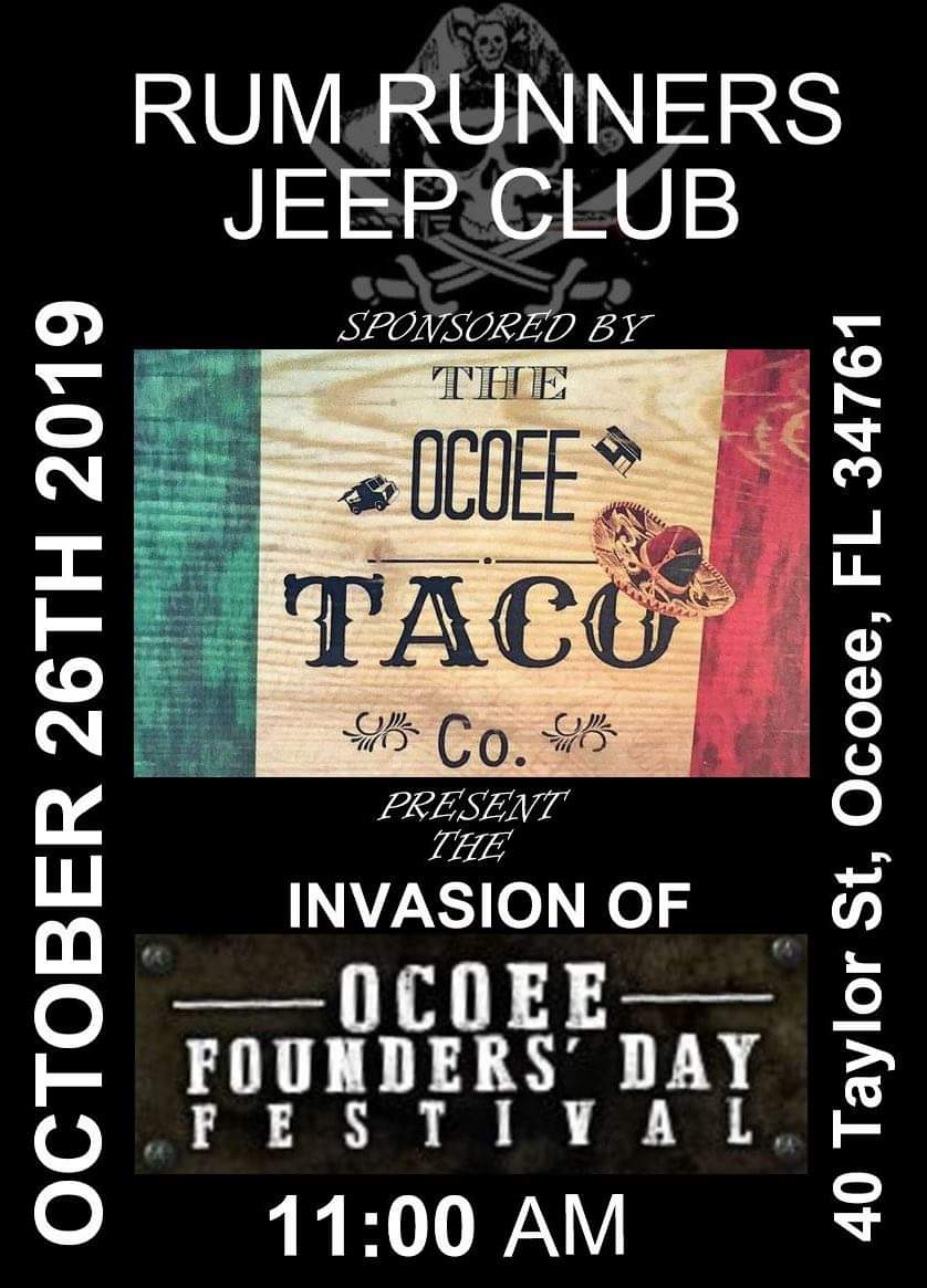 piratejeeps's tweet photo. Come join us at @OcoeeFDFestival and our Rum Runners Party hosted and sponsored by @OcoeeTaco followed by a trip through the haunted house next door! #florida #jeeps #jeepclubs #orlando #ocoee https://t.co/Dj6PCM2TFu