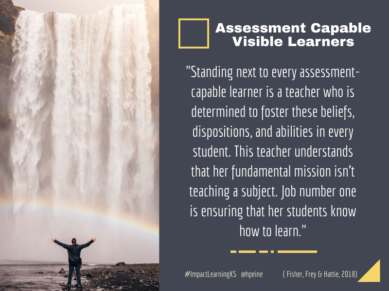 HeathPeine's tweet photo. During our sixth week of Advanced Instructional Methods, we will be learning about how to develop assessment-capable visible learners, which empowers Ss to become their own teachers &amp; more than triples the speed of learning (Effect Size = 1.33). Follow along at #ImpactLearningKS https://t.co/dd2txWOoo2