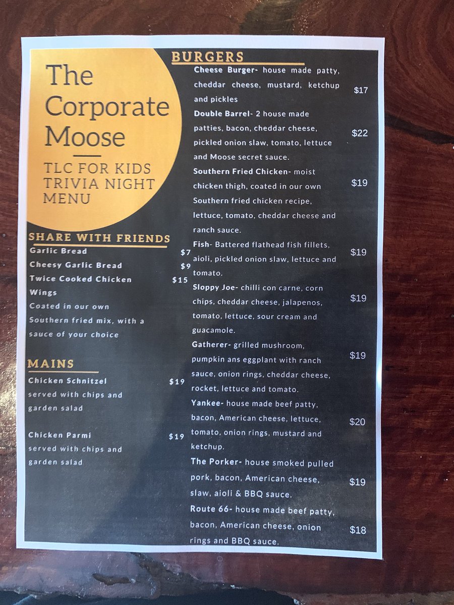 Get down to the <a href="/TheCorpMoose/">The Corporate Moose</a> tonight for a burger, some trivia and heaps of fun all while raising some funds for the amazing charity <a href="/tlcforkidsaus/">TLC for Kids</a>!