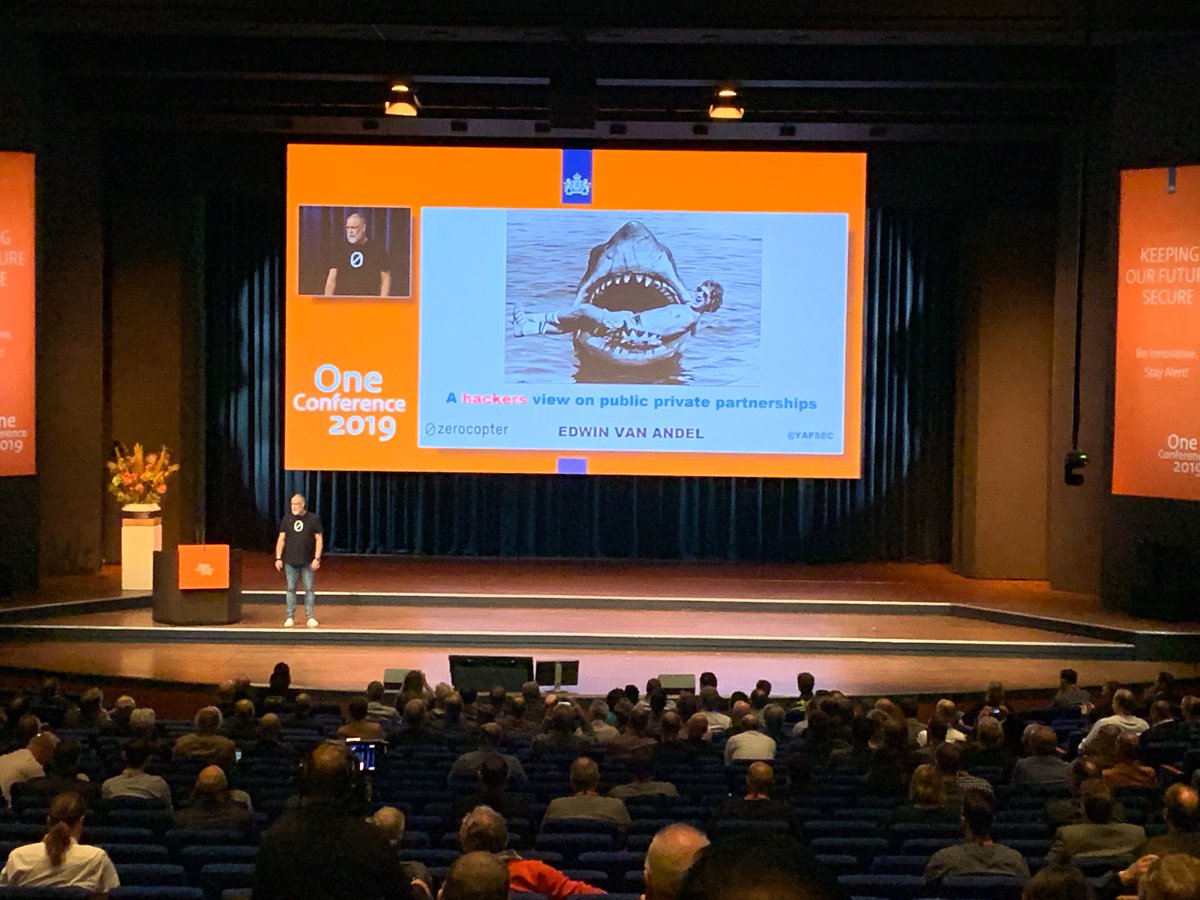 seccubus's tweet photo. Now on stage: #ZeroCopters CEO @Yafsec. 82 slides in 30 minutes? Challenge accepted. #OneConference2019 #NLCyber https://t.co/J4DWTcFowe