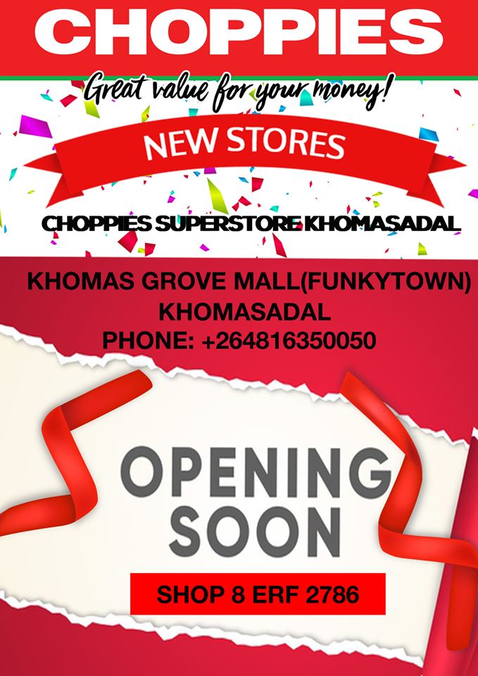 TeamNamibia's tweet photo. Check out #TeamNamibiaMember Choppies - Namibia deals!
#OPENINGSOON!
Choppies - Namibia superstore Khomasdal branch, shop 8 ERF 2786 at Khomas Grove Mall (funkytown), Khomasdal, Windhoek.
#choppiesnamibia
#consumeconfidence
#greatvalueforyourmoney https://t.co/6psVp6Ijw2