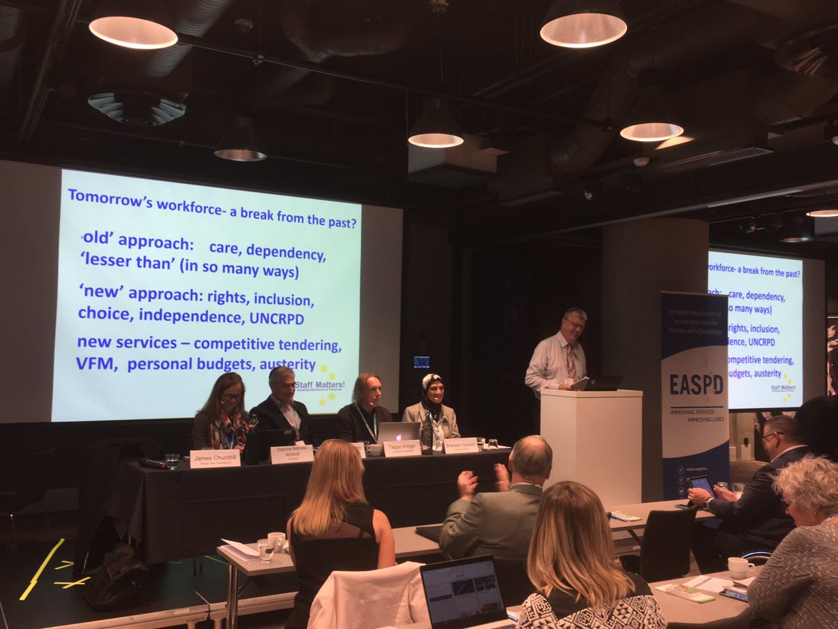 DisSupportEU's tweet photo. We’re kicking off the First Panel of our #StaffMatters conference. We’ll be exploring the current trends of the disability workforce and asking how these trends will change in the future with the help of @DrShereeHussein @teppokroger, Phillip Ullmann &amp; Daphne Nathalie Ahrendt https://t.co/mf7zwg8SWs