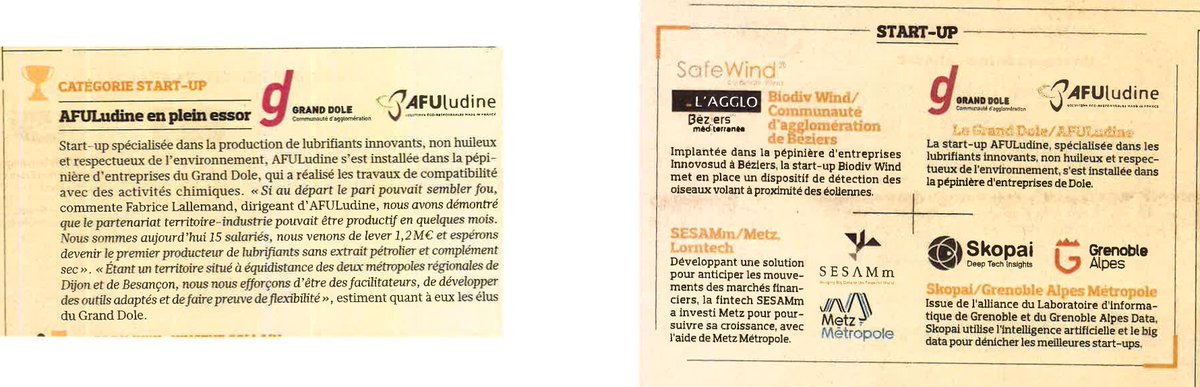 La presse en parle : Retour sur le trophée <a href="/FR_Attractive/">FRANCE ATTRACTIVE</a> obtenu par <a href="/AfuLudine/">AFUludine</a> en collaboration avec le Grand Dole dans la catégorie #startup. <a href="/Le_Progres/">Le Progrès</a> <a href="/Le_Figaro/">Le Figaro</a> 
#lubrifiant #nonhuileux #innovation #madeinfrance #madeinjura #FA2019
