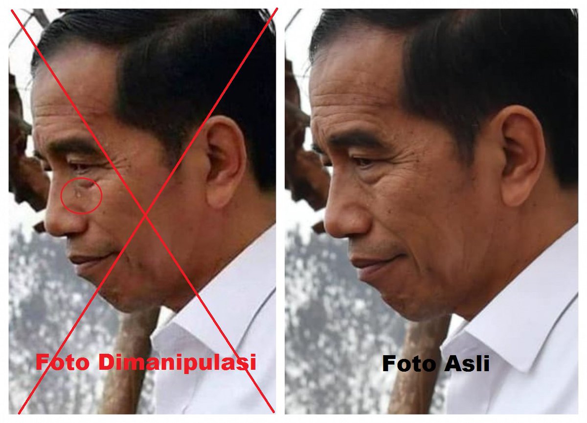 Presiden Jokowi meneteskan air mata saat meninjau kebakaran hutan?

Foto presiden Indonesia ini telah disunting dengan menambahkan tetesan air mata di wajahnya.

u.afp.com/AirMataJokowi