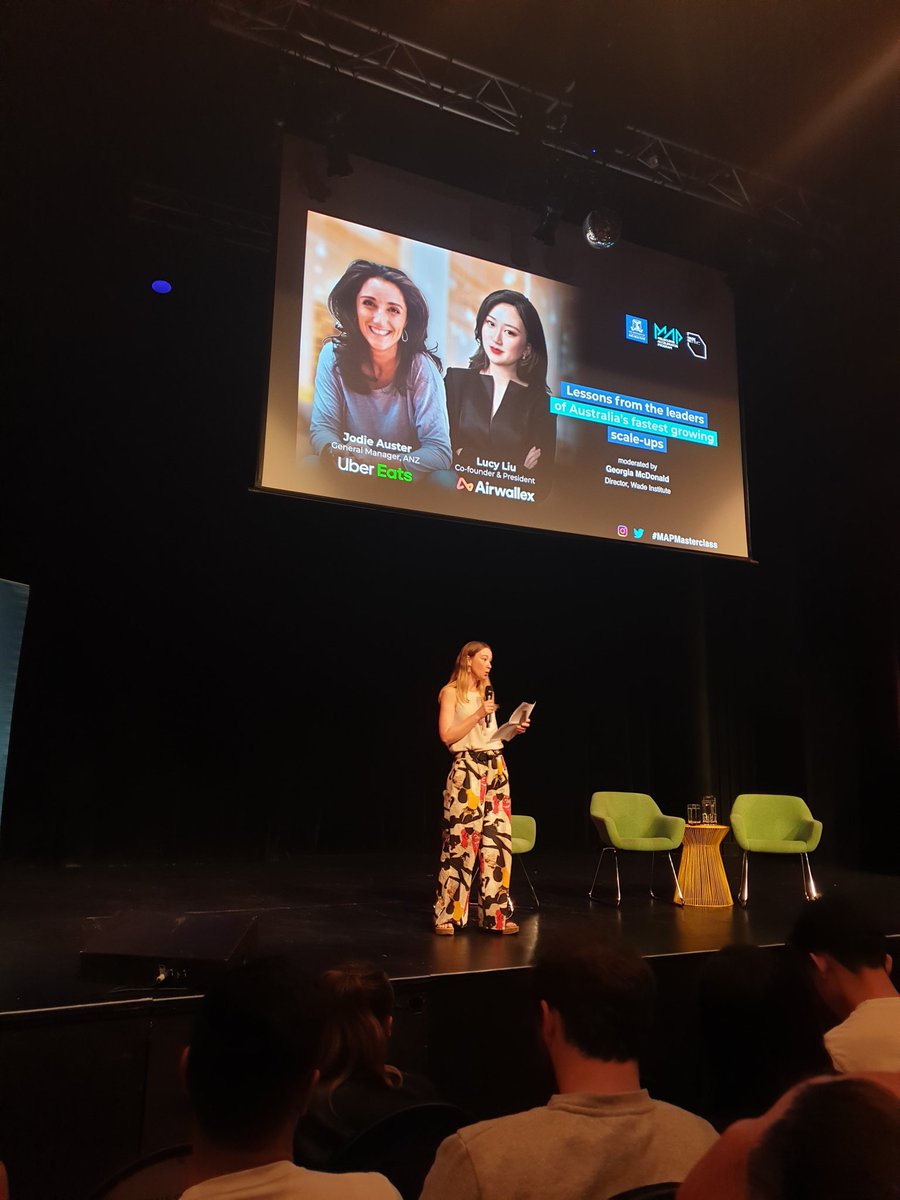 MabbuttJustin's tweet photo. At the @MAPUniMelb Lessons from the leaders of Australia's fastest growing scale-ups. Lucy Liu from Airwallex and Jodie Auster from Uber Eats. 
Georgia McDonald from Wade Institute take on a new introduction is really nice.
#MAPMasterclass https://t.co/T9MFokiiKT