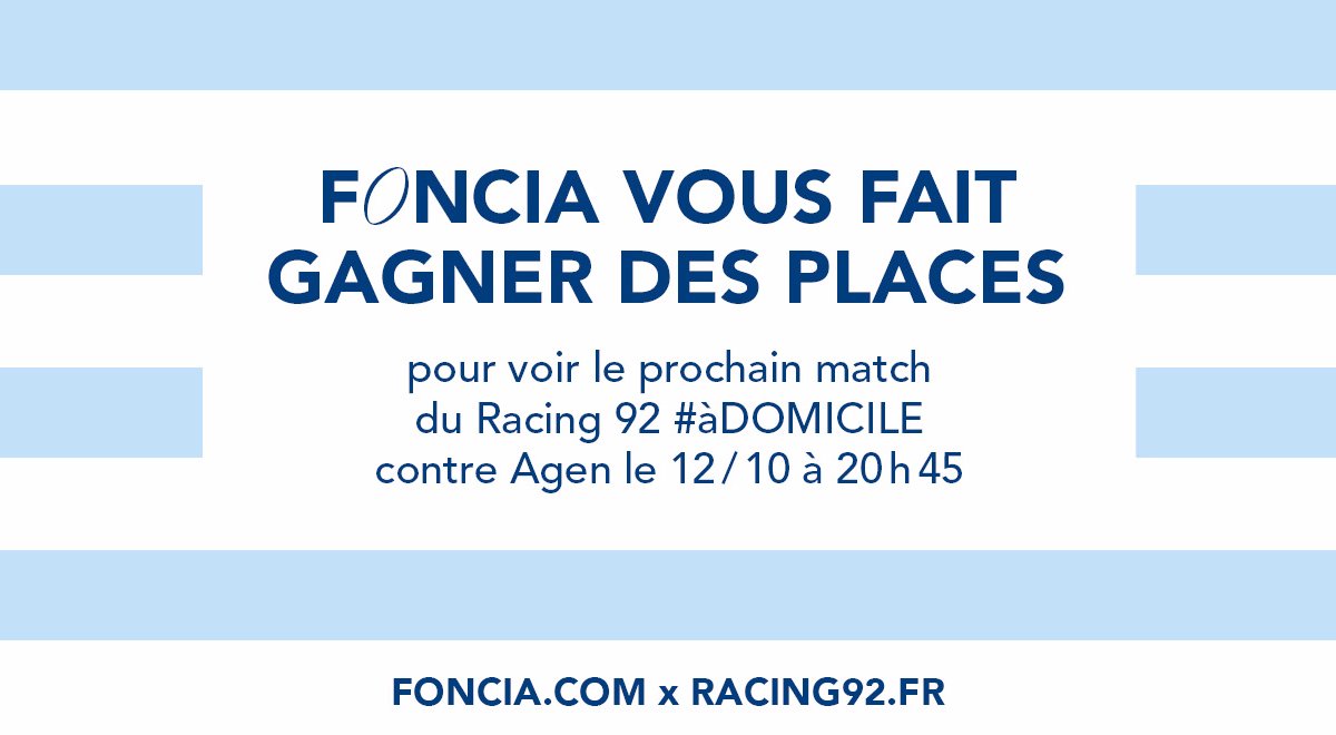 foncia's tweet photo. [JEU #CONCOURS]

Pour être toujours plus nombreux à encourager le @Racing92 #àDOMICILE, Foncia vous fait gagner des places pour assister à la 7e journée du #TOP14 le 12/10 à 20 h 45 contre @agen_rugby !

RT ce tweet + follow le compte @foncia

Tirage au sort le 10/10 https://t.co/2HM9055Pxa
