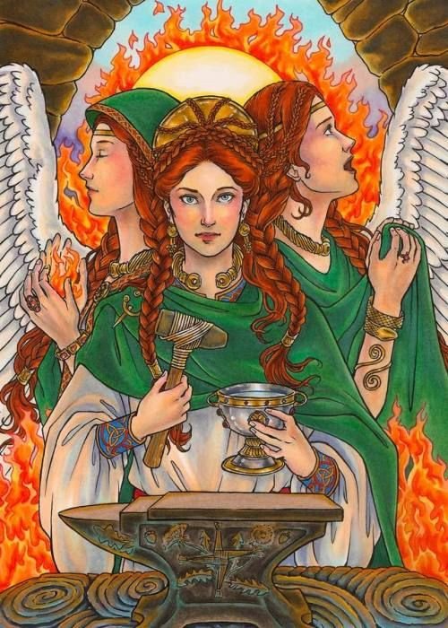 Brigit, Brigid or Bríg ('exalted one') was a goddess of pre-Christian Ireland. 3 sisters (daughters of the Dagda) all called Brigid. Together they were responsible for the spring season, fertility, healing, poetry & smithcraft. Feast day Imbolc: 1 Feb.  #FolkloreThursday 