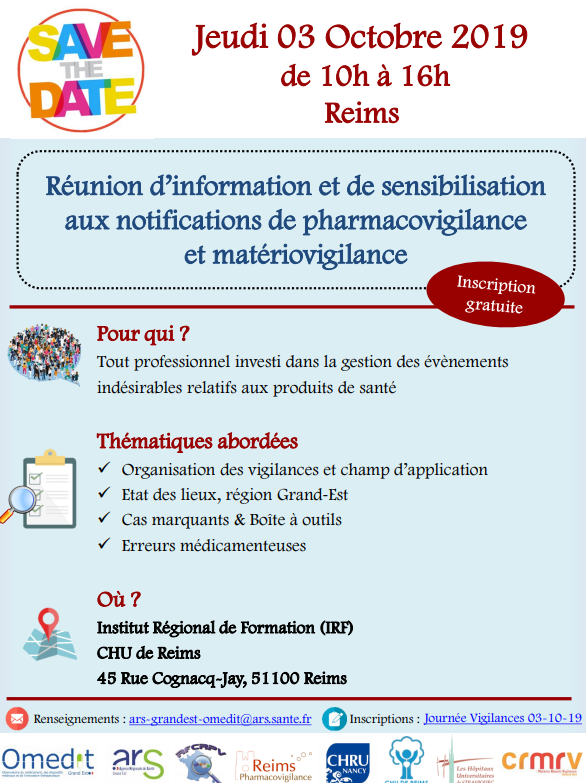 ars_grand_est's tweet photo. [3/10/2019] 🕰️Réunion régionale d’information et de sensibilisation aux notifications de pharmacovigilance et matériovigilance 👏
📌à l’IRF @CHUdeReims
🗣️par l’OMEDIT les 3 CRPV &amp; le CRMR #GrandEst
#CAQES
#Pharmacovigilance
#Matériovigilance
#Omedit
🧐👉https://t.co/IKirRCrEJE https://t.co/RJs7aPrK2r