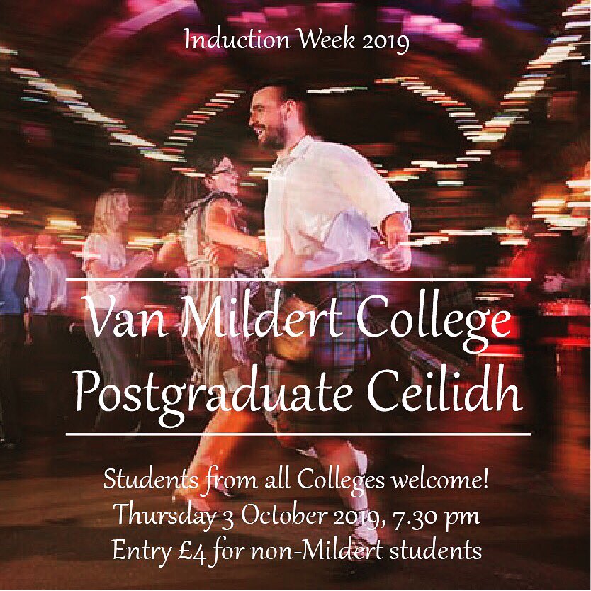 vanmildert1965's tweet photo. All @durham_uni #Postgraduates welcome @vanmildert1965 tonight for our annual Inter-collegiate Postgraduate Ceilidh! Join us from 7.30pm! No need to book, just show up! #MildertMeans #DUInduction19 #postgrads https://t.co/NaAm7wEl5G