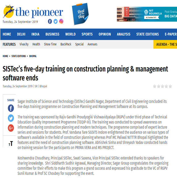 Sagar Group of Institutions-SISTec - Media Coverage

SISTec-Department of Civil Engineering had recently concluded its 5-Days STTP on construction planning and management software sponsored by RGPV under TEQIP III.

 #SagarCollege #SagarInstitute
#SagarGroupofInstitutions #SISTec