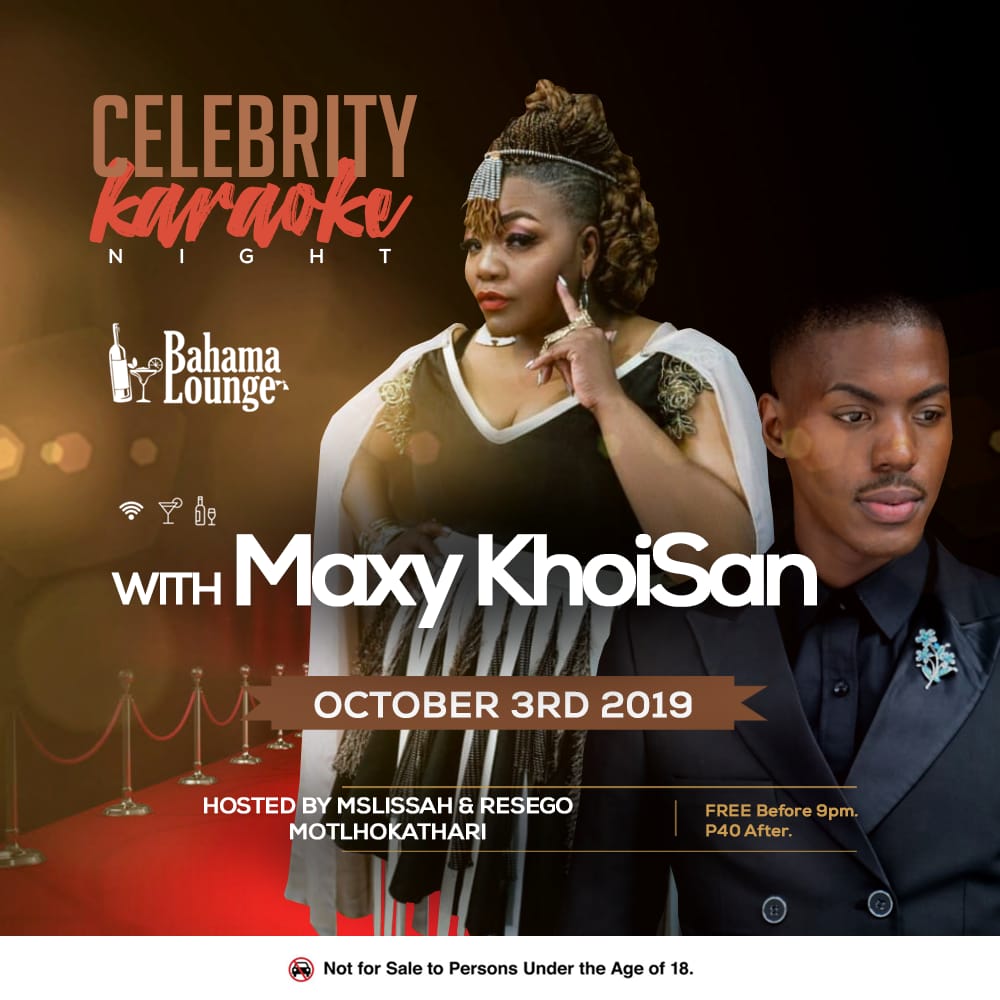 BahamaLounge's tweet photo. Join us on our celebrity Karaoke tonight with guest Maxy Khoisan hosted by @rmotlhokathari  &amp; MsLissah https://t.co/jlog4i3xra