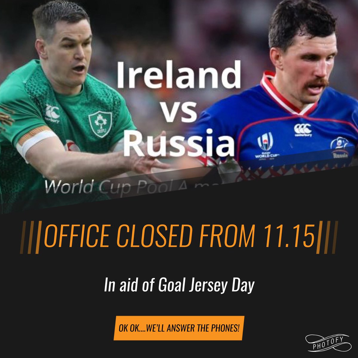 Important Office Notice: All of our 100+ staff have been given the option of taking a break from 11.15am to watch the crunch #IrelandVRussia World Cup match!

The only catch is that we all have to make a donation to our <a href="/GOAL_Global/">GOAL Global</a> Jersey Day fund (and wear a jersey with pride)