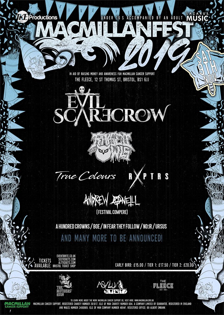 EvilScarecrowUK's tweet photo. More artists have been added to @MacmillanFest Bristol taking place at on Saturday 9th November, get you tickets now: https://t.co/qR2QeRRyLH https://t.co/mCGEv6kqT3