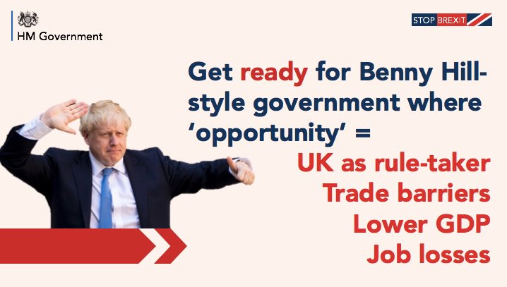 Bonus  #GetReadyForBrexit memes:21. Benny Hill government - but never mistake Boris Johnson for a lovable buffoon. He's calculating, uncaring and dangerous.