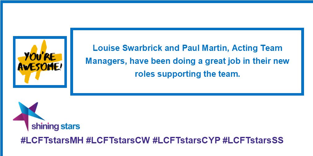 WeAreLSCFT's tweet photo. "Louise Swarbrick and Paul Martin, Acting Team Leaders, have been doing a great job in their new roles."
#LCFTstarsMH https://t.co/RxsGoOw9kG