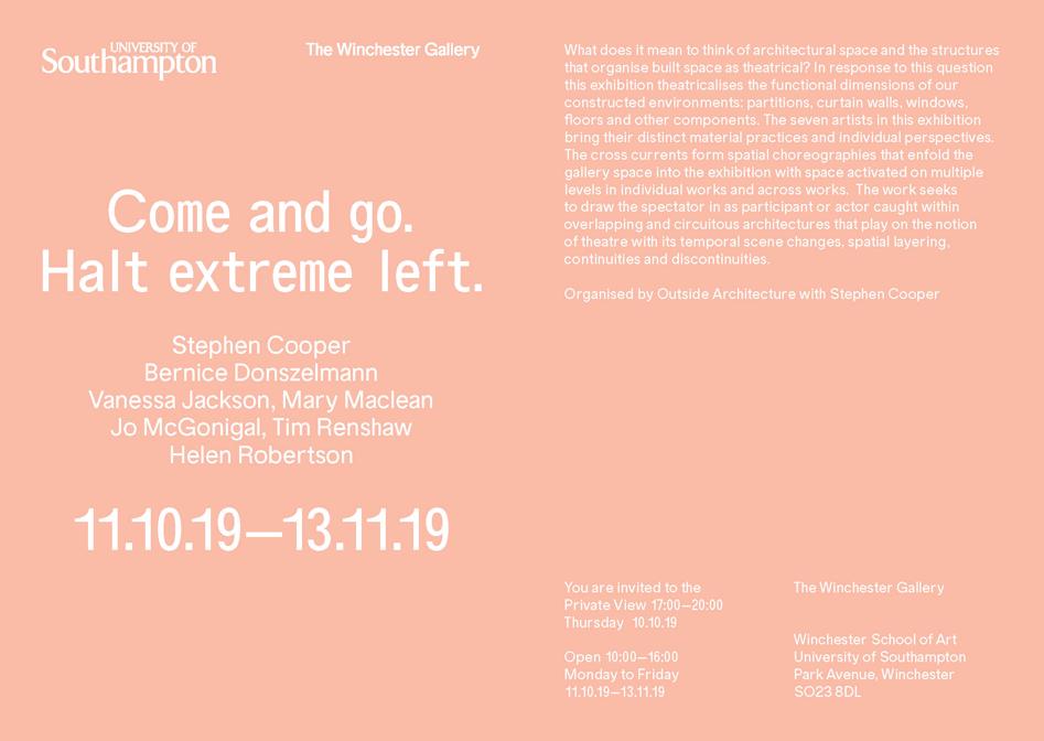 WSALibrary's tweet photo. New exhibition at Winchester Gallery: ‘Come and go. Halt extreme left.’ Organised by Outside Architecture with Stephen Cooper from the 11th October till 13th November.

@winchesterart @unisouthampton @unisouthampton @Union_Soton
#art #exhibition #WinchesterGallery #artgallery https://t.co/5gKLprUeDc