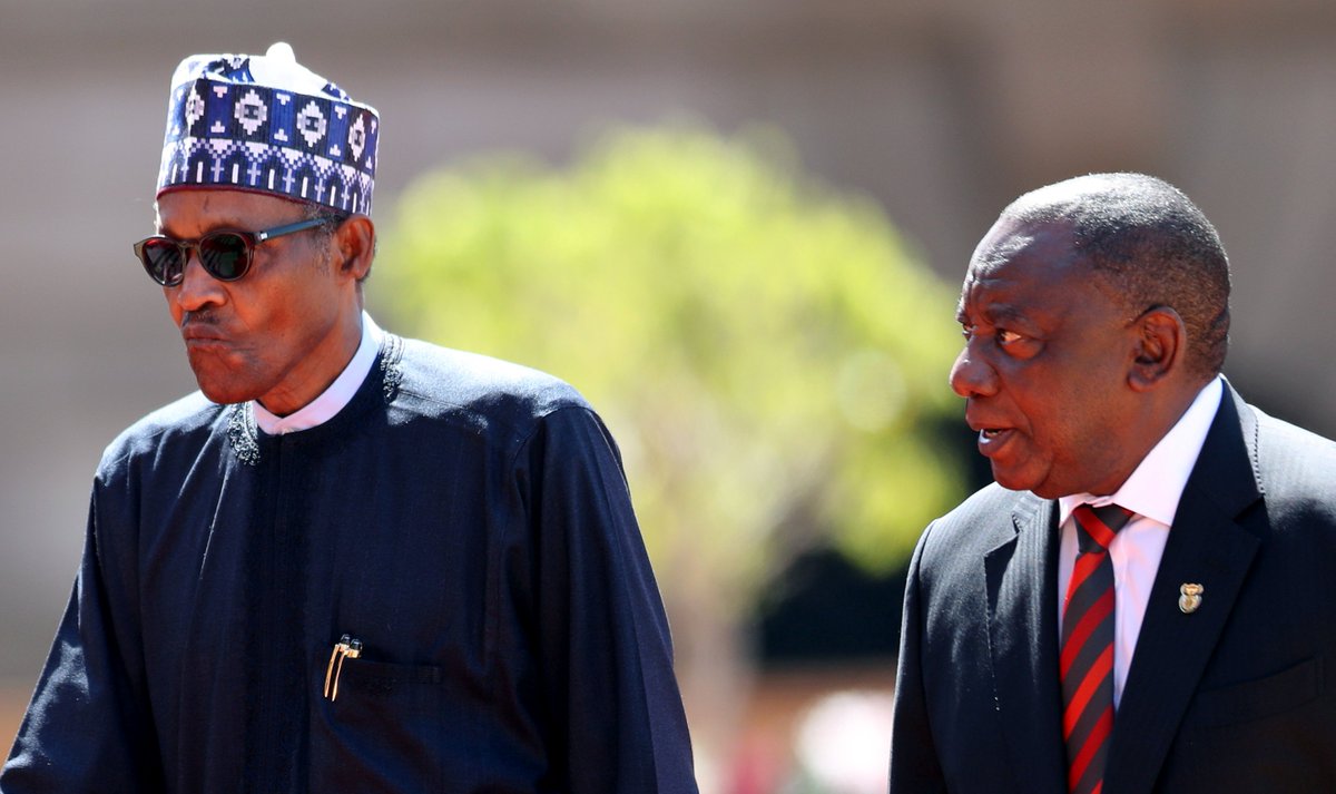 cgtnafrica's tweet image. Nigeria’s President Muhammadu Buhari landed in South Africa on Thursday for a 3-day state visit. Buhari met with his South African counterpart Cyril Ramaphosa, amid soured relations caused by a wave of #XenophobicAttacks in Johannesburg and other cities last month. #BuhariInSA