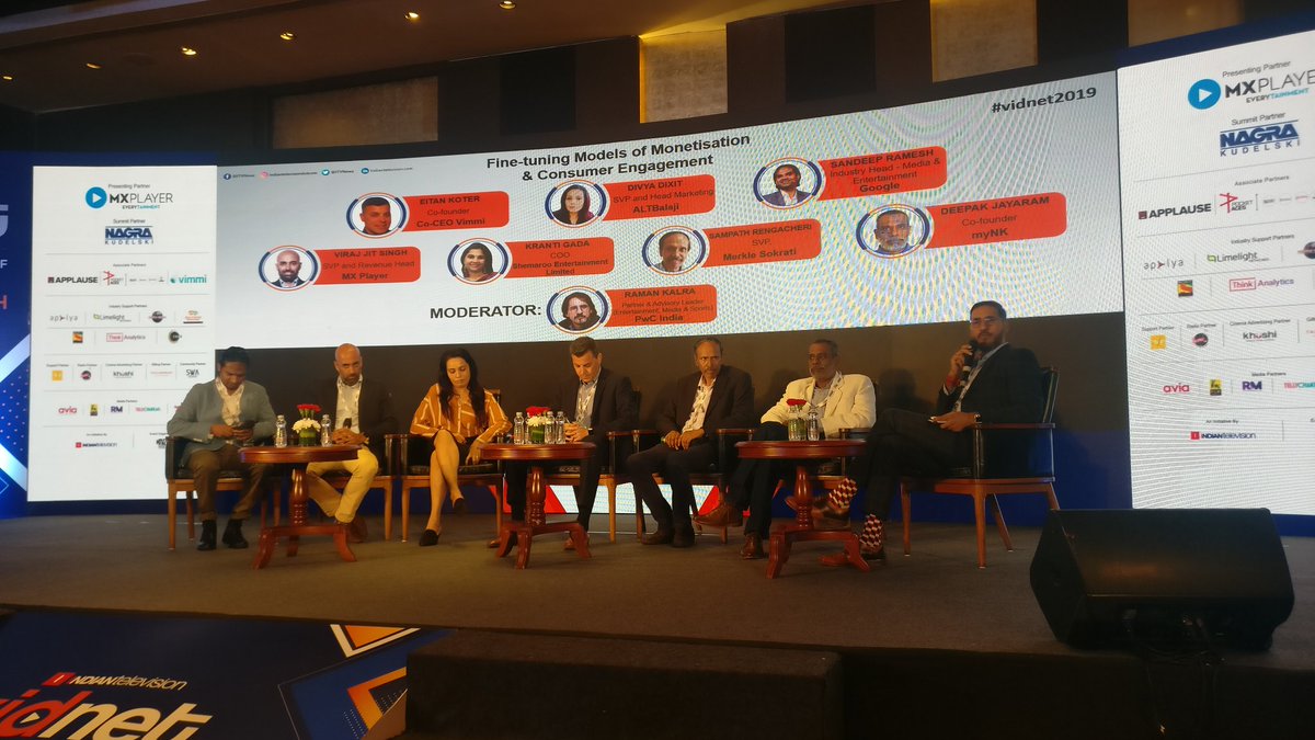 ITVNewz's tweet photo. Beginning now is another panel discussion, on “Fine-tuning Models of Monetisaton &amp; Consumer Engagement” between #EitanKoter, #DivyaDixit, #SandeepRamesh, #ViratJitSingh, #SampathRengachari, and #DeepakJayaram, moderated by @ramankalra1 at #BusinessTechTrack of #Vidnet2019 https://t.co/eT6jfQSdQU