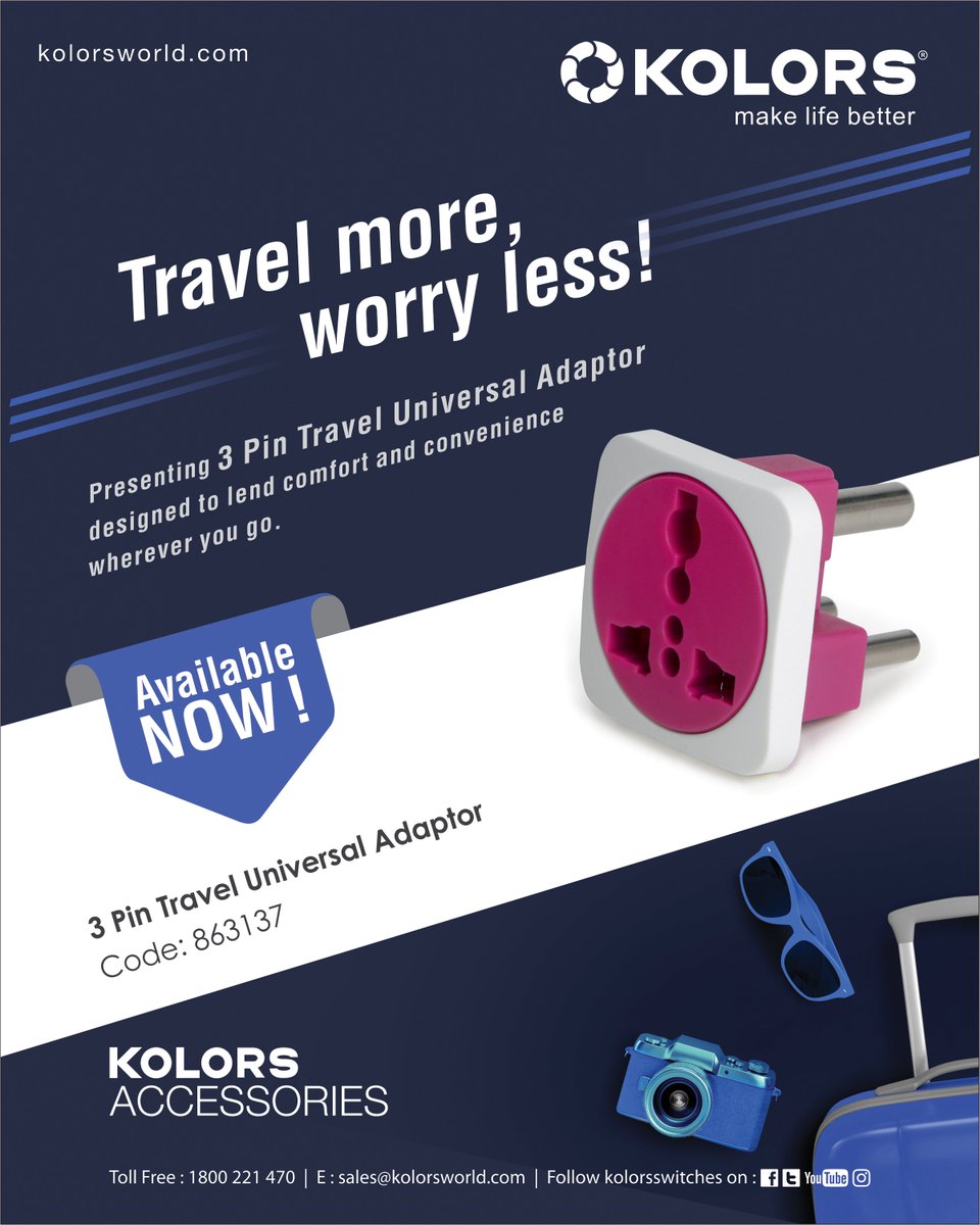 KolorsIndia_tw's tweet photo. Travel More Worry Less!!
Presenting the #3Pin #Travel #Universal #Adaptor deigned to lend comfort and convenience wherever you go.

#MakeInIndia #switches #sockets #kolorsswitches #electricalaccessories #makelifebetter #ElectricSwitches #Kolorsworld #Indiadesignmark #Interior https://t.co/pQOL6jBt8q