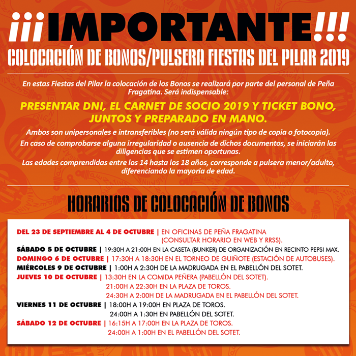 FiestasDelPilar's tweet photo. Horarios de colocación de bonos este #PrePilar ⏰ Hoy SÁBADO 5 DE OCTUBRE en el bunker de ORGANIZACIÓN del recinto Pepsi Max de 19:30h. a 21:00h. 😉 ¡Si quieres acceder gratuitamente a FLORIDA 135 esta noche DEBES llevar puesta la pulsera! ¡En Florida NO os pondrán el bono! https://t.co/Dx0iwAc38E