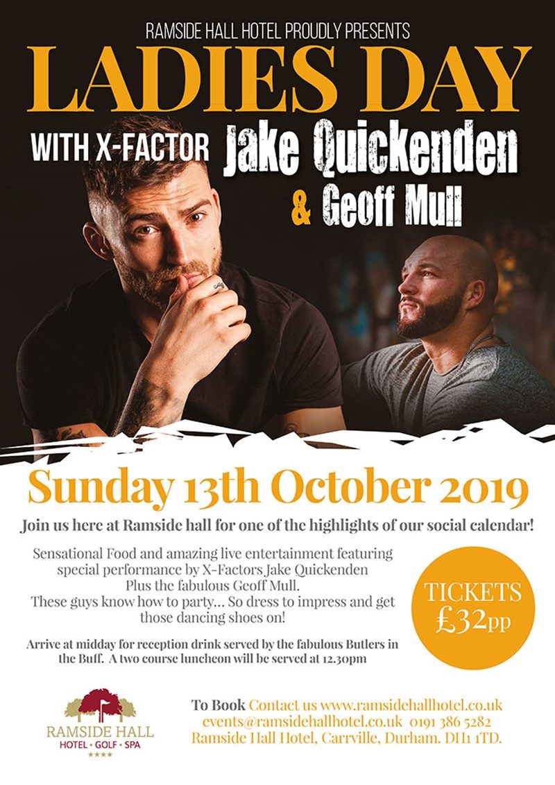 It's Ladies Day next week with @JakeQuickenden & @GeoffMullMusic 😍🥂 Fancy joining us on Sunday 13th October for a day of fun, entertainment, delicious food & more? Last remaining tickets available here: ramsidehallhotel.co.uk/whats-on/#Ladi… #NEfollowers #CountyDurham