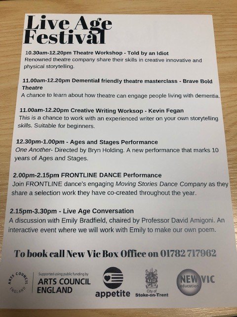 Tomorrow <a href="/NewVicTheatre/">New Vic Theatre</a> are putting on the amazing <a href="/LiveAgeFestival/">Live Age</a> . Look at the FREE workshops on offer! 
Come on down - you can just turn up for workshops.