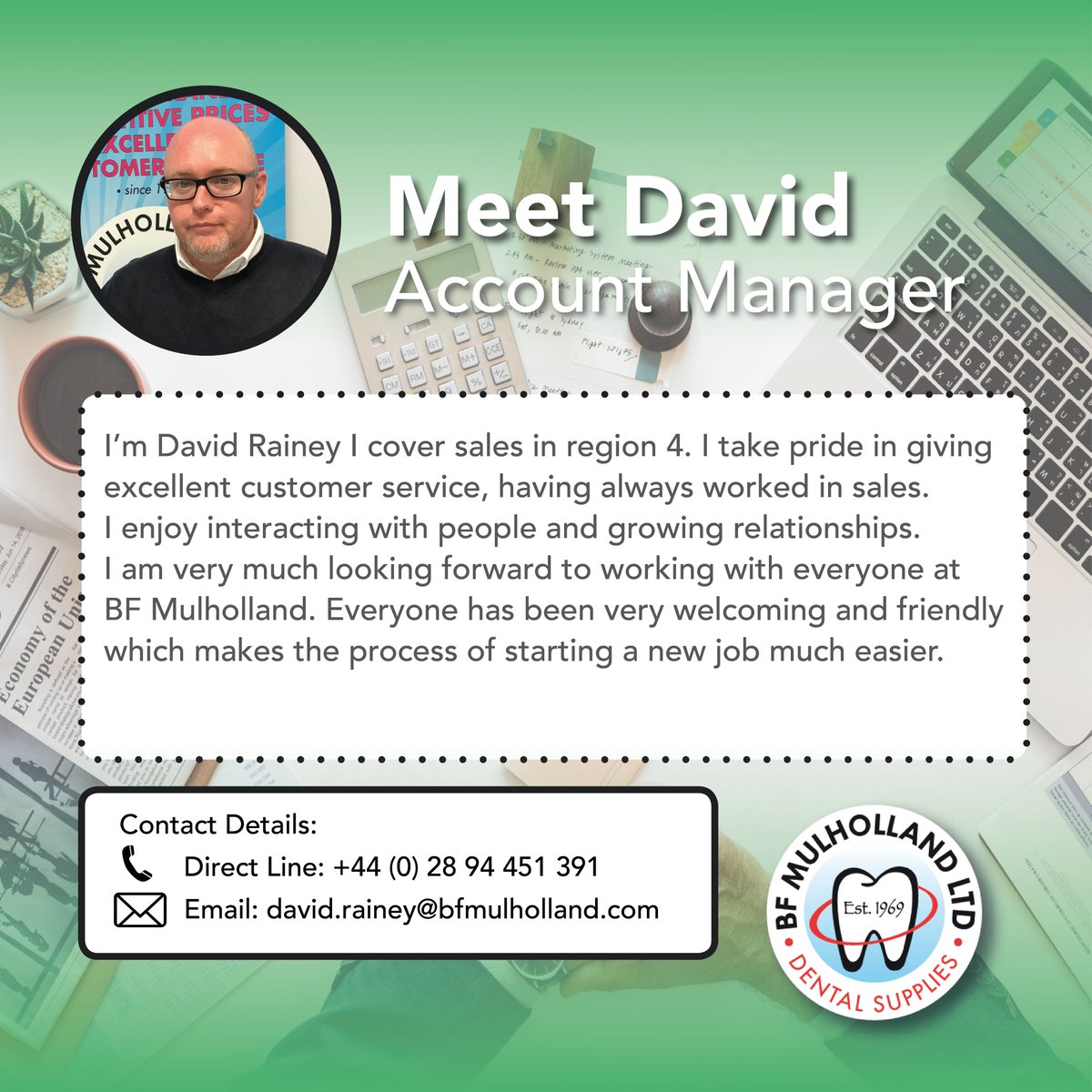 BFMulholland's tweet photo. Another new member to our ever-growing team!✨

Meet David, our new accounts manager in BF Mulholland's contact centre👀

You can contact him on his direct line, email or his mobile: 
+44 (0) 78 08 943 600📞

Welcome to the team David!🎊

#bfmulholland #teambfm #onestopshop https://t.co/RbmGFFsh6V