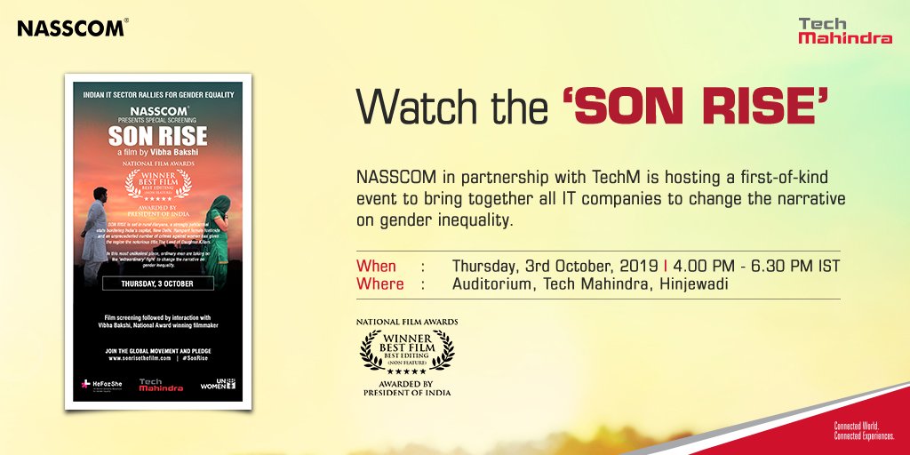 Changing the narrative on gender inequality. <a href="/tech_mahindra/">Tech Mahindra</a> and <a href="/nasscom/">nasscom</a> bring industry captains together for an exclusive conversation and screening of award winning film <a href="/SonRiseTheFilm/">SON RISE</a> by National Award winning filmmaker <a href="/VibhaBakshi/">VibhaBakshi</a>. #TechMPune
