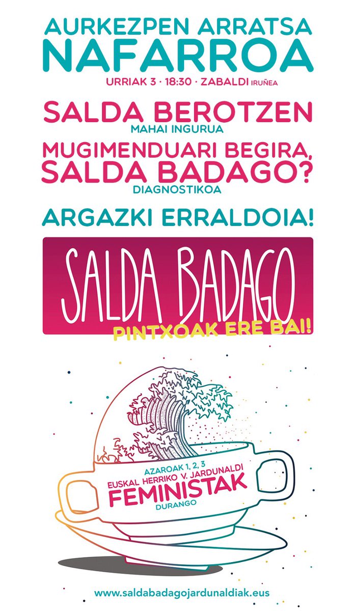 NafarroakoM8's tweet photo. Hilabete bat falta da Euskal Herriko V. Jardunaldi Feministetarako!
Salda berotzeko, gaur urriak 3, Zabaldin.

18.30 MAHAI INGURUA

DOKOLONIALITATEA – Mujeres Entre Culturas
INDARKERIARIK GABEKO BIZITZAK – Farrukas
GORPUTZAK ETA SEXUALITATEAK - Zikutak eta Bullerak

Animatu!! https://t.co/VIQPXVTmgJ