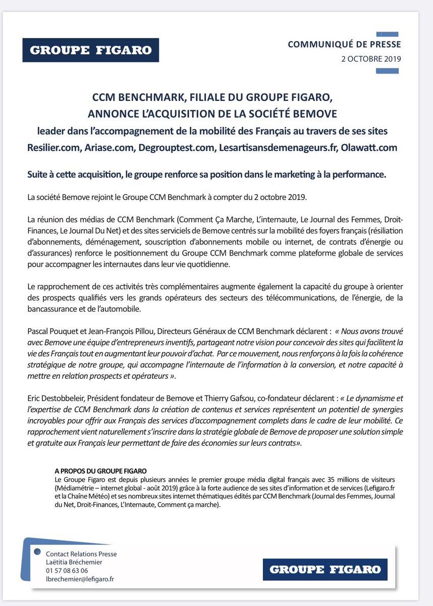 Nous sommes très heureux d'annoncer que <a href="/CCMBenchmark/">CCM Benchmark Institut</a>  (groupe Figaro) vient de faire l'acquisition de notre société <a href="/MyBeMove/">BeMove</a> (<a href="/Ariase_com/">Ariase.com</a>, <a href="/DegroupTest/">DegroupTest</a>, <a href="/ResilierCom/">Resilier.com</a>, @Olawatt_Com, @LesArtisansDem). De très belles synergies en perspective.