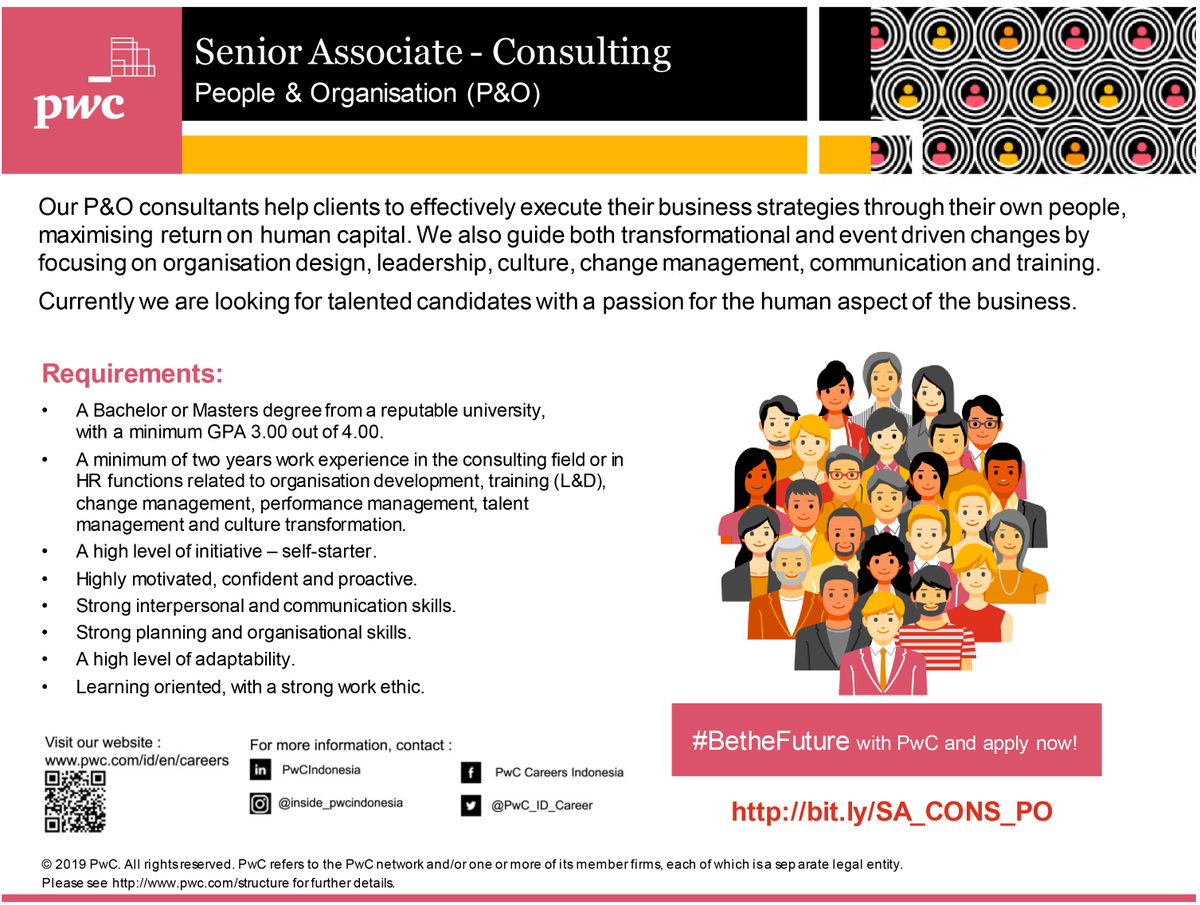 PwC Consulting Indonesia is looking for Senior Associates to join their People &amp; Organization business unit. If you’re passionate in People, you might be the one. See below for details and also visit our career page for other opportunities