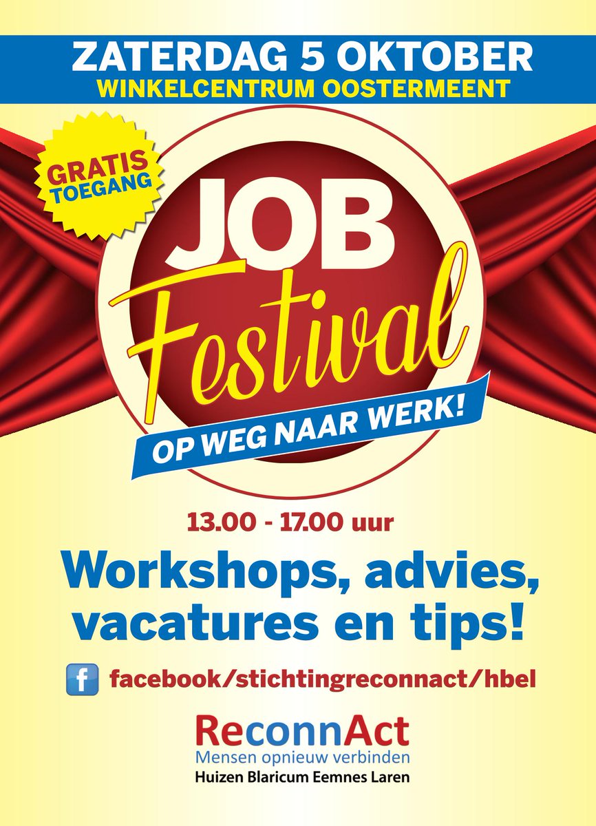 Stichting ReconnAct HBEL organiseert zaterdag 5 oktober een JOB-festival met als thema ‘OP WEG NAAR WERK'. Het wordt een bruisend festival voor werkzoekenden, jobmaatjes, bedrijven en inwoners van Huizen, Blaricum, Eemnes en Laren. Gratis! Meer info: bit.ly/2ocDHNv