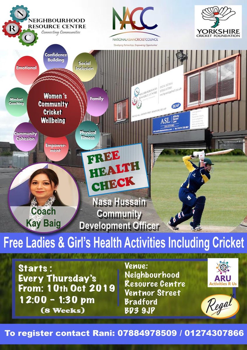 Excited to announce the launch of our pilot Ladies Health Check Cricket in West Yorkshire in partnership with @YCCC_YCF @nrcsportscentre bringing our cricket & wellbeing programme to hugely important community members ⁦@kay_baig⁩ @RegalFoods @marifdotme @LordKPatel ⁦