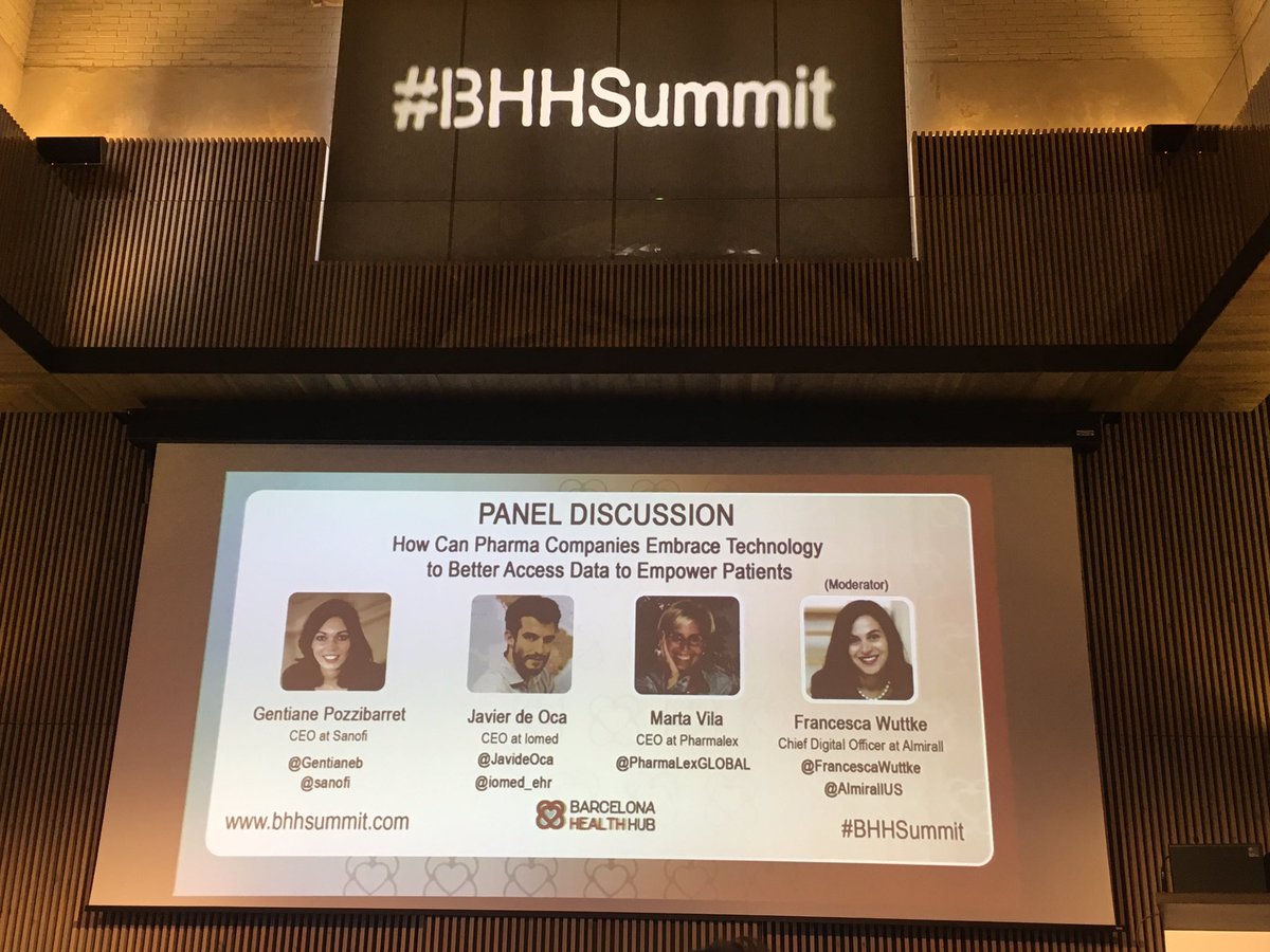 BCNHealthHub's tweet photo. Discussion on technology to better access data and empower patients with @AlmirallUS @iomed_ehr  @sanofi and @PharmaLexGLOBAL happening now #BHHSummit #bhh #barcelonahealthhub #digitalhealth #globalhealth https://t.co/aPIzsdrZMd