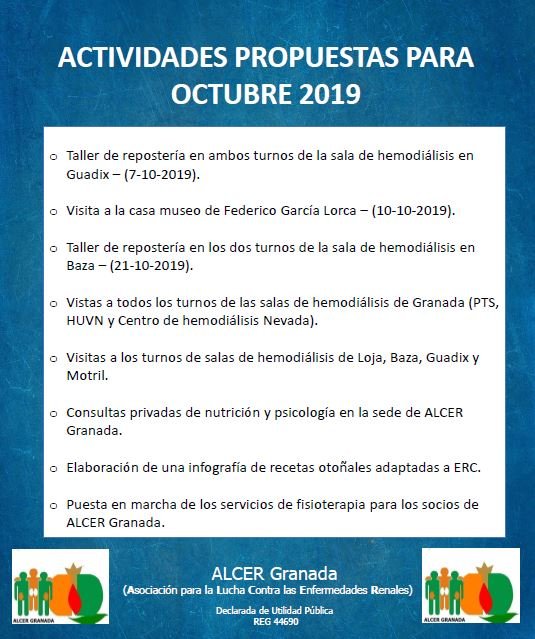 Aquí tenemos ya el cartel con las actividades propuestas para el mes de octubre desde ALCER Granada.